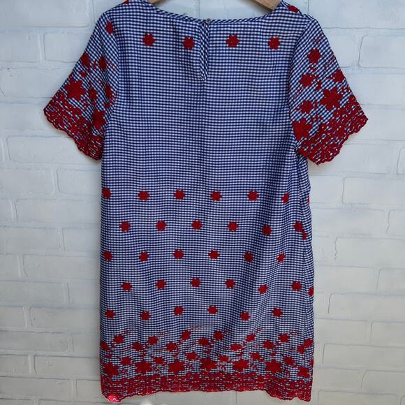 entro Blue Checkered Red Embroidered Flowers Knee Length Shift Dress-sz S/M - Picture 2 of 5